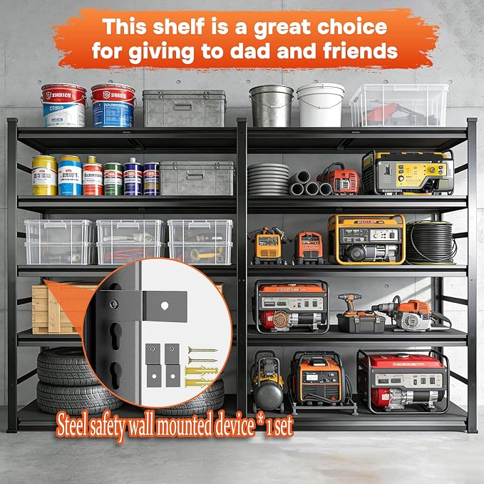 72''H Metal Garage Shelving Heavy Duty Storage Shelves Series, Large Industrial 5tier Shelving Unit for Basement, Business, Factories, Commercial, Warehouse and Workshop, with Side Retaining Bars