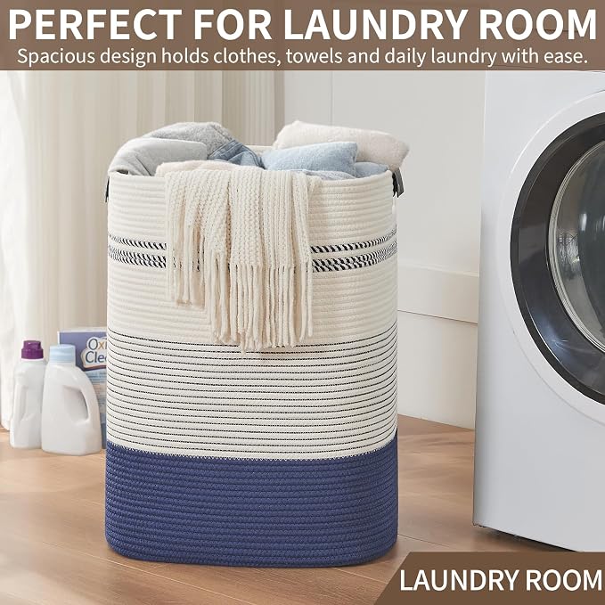 AINUOQI Large Laundry Basket - Tall Woven Rope Laundry Hamper with Leather Handles - Dirty Clothes hamper for Living room, Bedroom, 17" X 13.8" X 22", Dark Blue & White