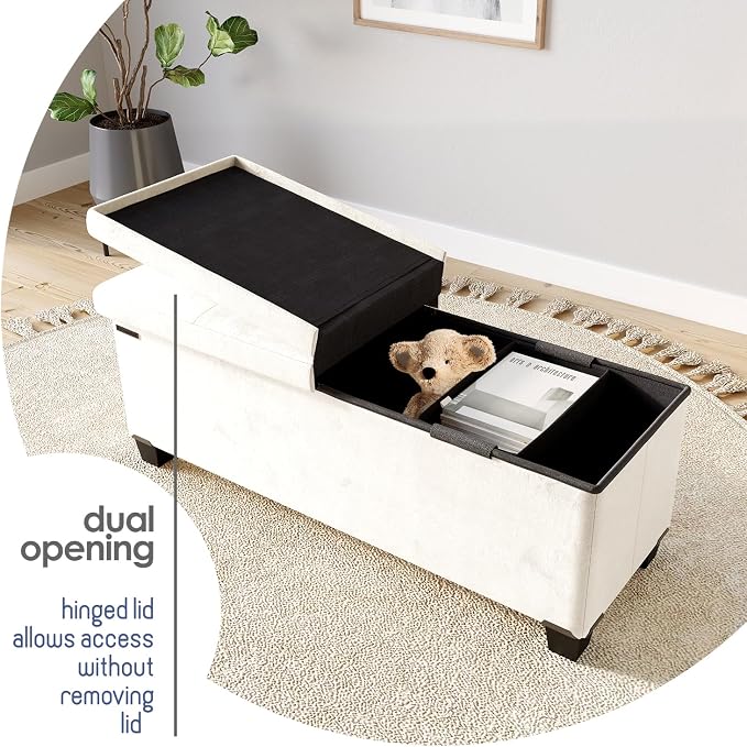 Storage Ottoman Bench with Bins, 43-in Storage Bench for Bedroom End of Bed, Folding Foot Rest Ottoman for Living Room Max 660lbs, Velvet Ottomans, Cream
