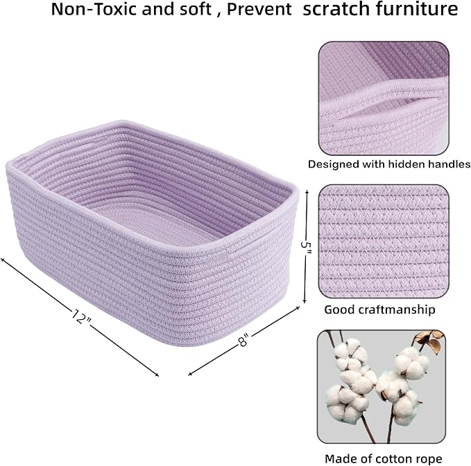 XUANGUO Small Woven Storage Baskets for Shelves, 12" x 8" x 5", Purple | Decorative rope storage bins for closets and toy storage; cute organizer baskets, empty gift baskets and nursery storage.