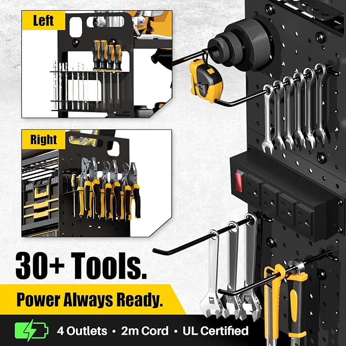 5-Tier Power Tool Organizer Wall Mount, 4-Outlet Charging Station, Garage Storage Rack with 8 Drill Holders, 34" Heavy Duty Metal Utility Shelf, Holds Over 30 Tools for Garage Workshop