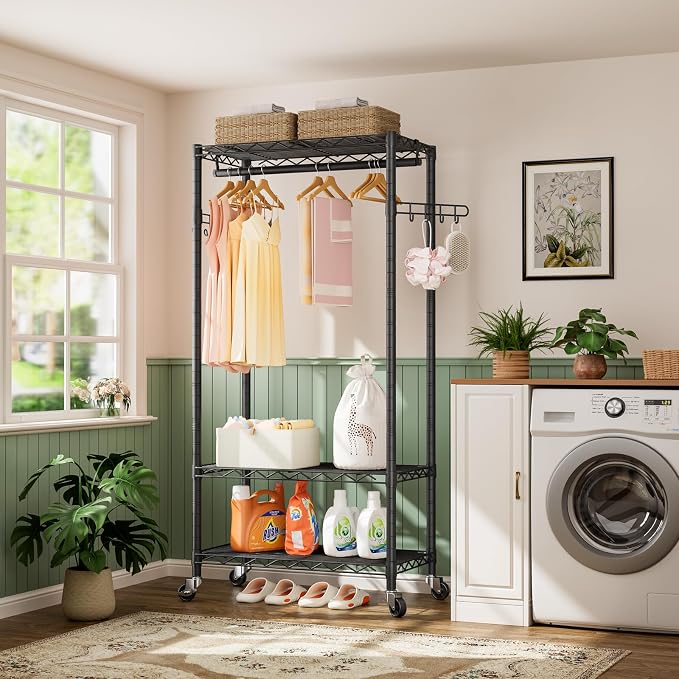 Golpart Heavy Duty Rolling Clothes Rack Wheels Portable Metal Garment Rack | Wardrobe Adjustable Wire Shelving Metal Double Clothing Racks for Hanging Clothes Organizer Closet Laundry Room Organization