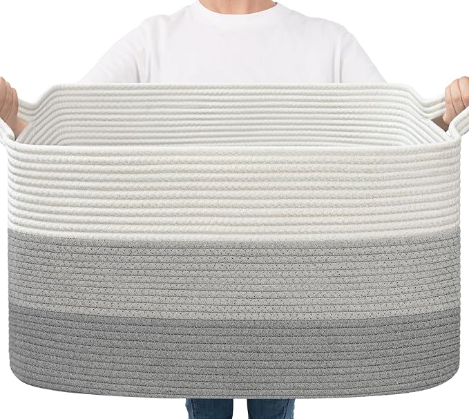 Goodpick Large Woven Rope Toy Basket, Rectangle Storaget, Light Gray | 21.6 x 14.9 x 11.8 in, Reinforced Handles, Living Room, Bedroom & Nursery Organization, Blankets, Pillows & Toys Storage