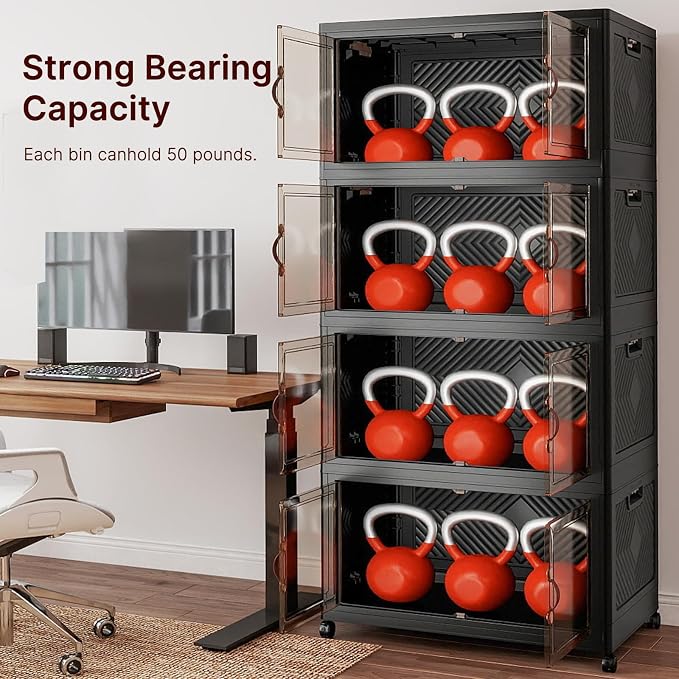 UAMFURI Stackable Storage Bins with Lids, 1440QT Lockable Storage Cabinet | Folding Storage Box with Doors and Wheels, Collapsible Plastic Drawers for Home, Garage, Office