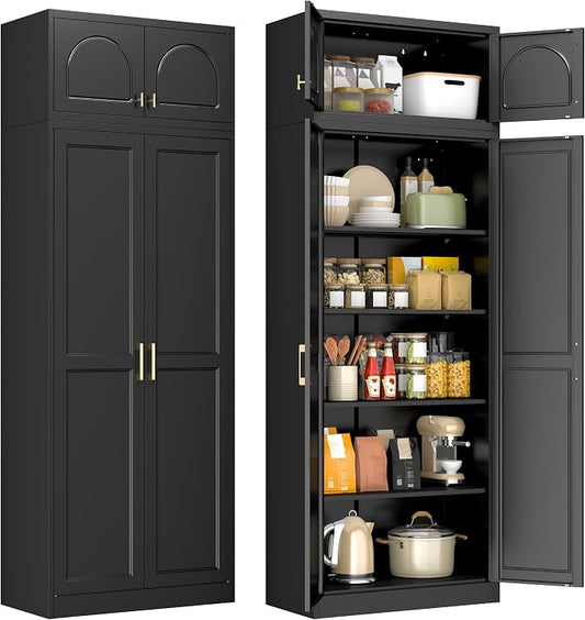 86" Tall Metal Kitchen Pantry Storage Cabinet with Doors | Extra Large Heavy Duty Steel Cabinet, 4 Adjustable Shelves, Easy-Access Gold Handles, Black, 2 Packages, Home Office