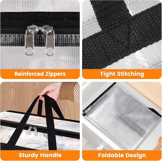 BlissTotes 8 Pack Clear Clothes Storage Bags, Moving Bags, Foldable Blanket Storage Under Bed Storage Containers with Sturdy Zipper and Handle for Clothing, Comforter, Bedding, Sheet (40L)
