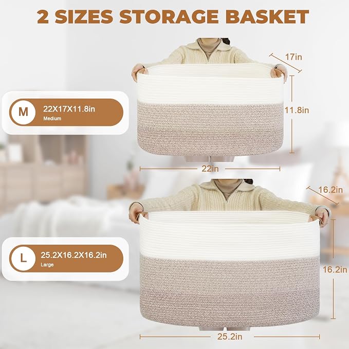 danpinera Blanket Basket, 72L Woven Storage basket with Leather Handle, Eco-friendly Decorative Storage Organization in Bathroom & Living Room for Towels 22 ''*17 ''*11.8 '', Gradient Brown