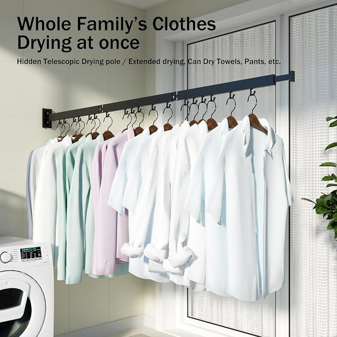 HEILAIYI Clothes Drying Rack for Laundry,Wall Mounted Clothes Hanger Rack,Folding,Retractable,Collapsible(J Shape Hooks)