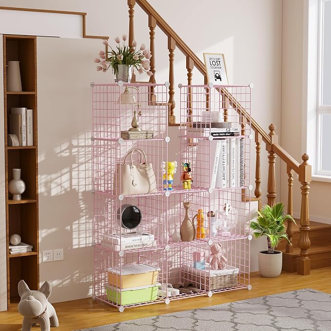C&AHOME Wire Cube Storage, 12 - Cube Organizer Metal C Grids, Closet, Pink | Modular Shelves Units Storage Bins Shelving Bookshelf Shelf Cabinet