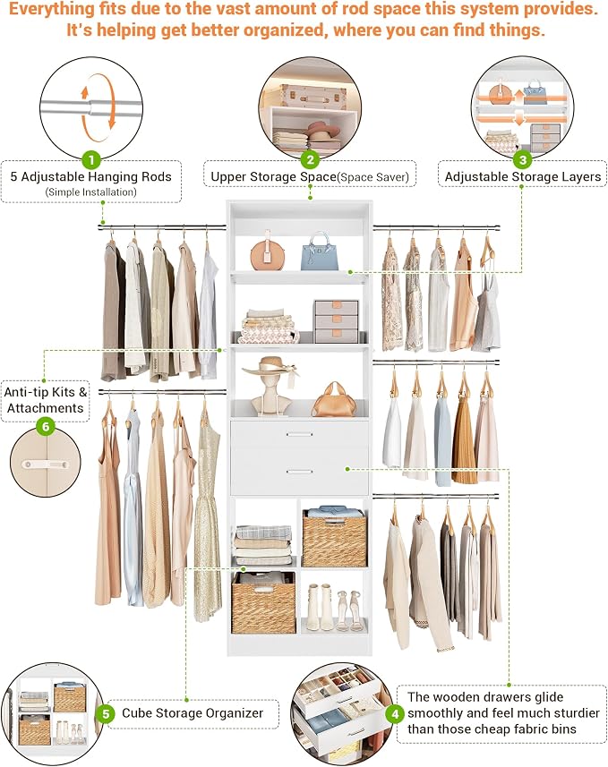 Besiost Small Closet System, 3.2-6.8FT Small Closet Organizer with 2 Wooden Drawers & 5 Hanging Rods, Can Fit 37.5 to 81.9 inch Walk-in Closet System, Built-in, White, Enclosed Storage Volume 2.32 ft³