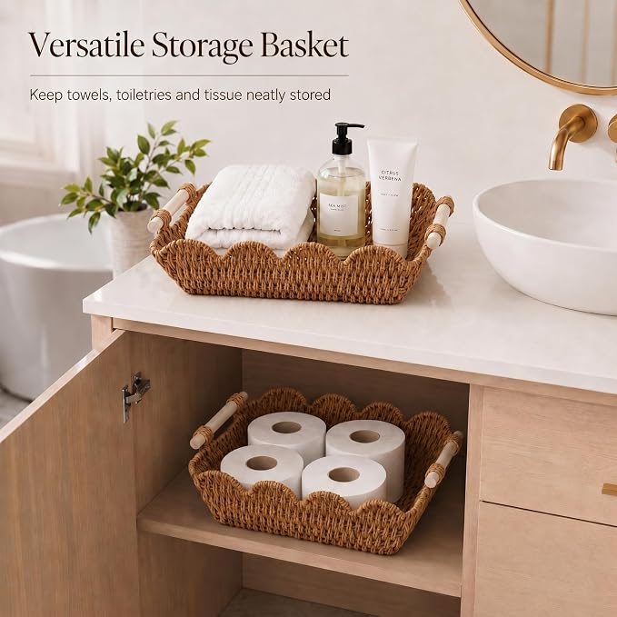 Coeusy 2 Pack Gift Basket, Cute Scalloped Basket with Handles, Decorative Basket for Display,Snack,Shelves, Natural