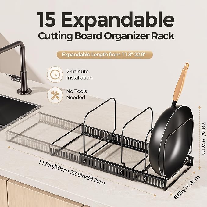 MUDEELA Expandable Cutting Board Organizer Pot Lids Rack 15 Dividers 2-Pack | Expandable Pots and Pans Organizer under Cabinet, 15 Adjustable Dividers, Fits Bakeware Cookie Sheet Baking Tray Muffin Tin