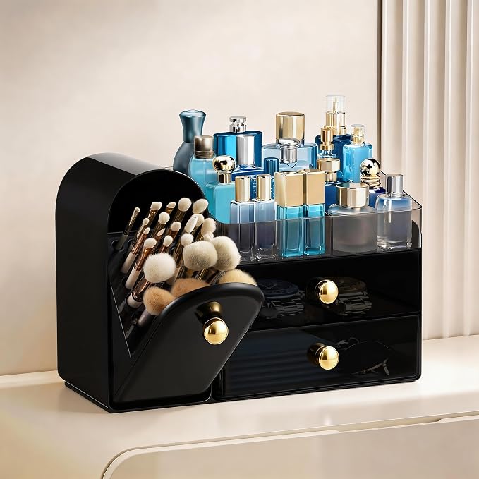 HBlife Makeup Organizer Countertop with Drawers, Vanity Organizers with Brush Holder, Bathroom Counter Organizer for Perfume, Nail Polishes, Lipsticks, Skincare and Eyeshadow Palettes, Black and Gold