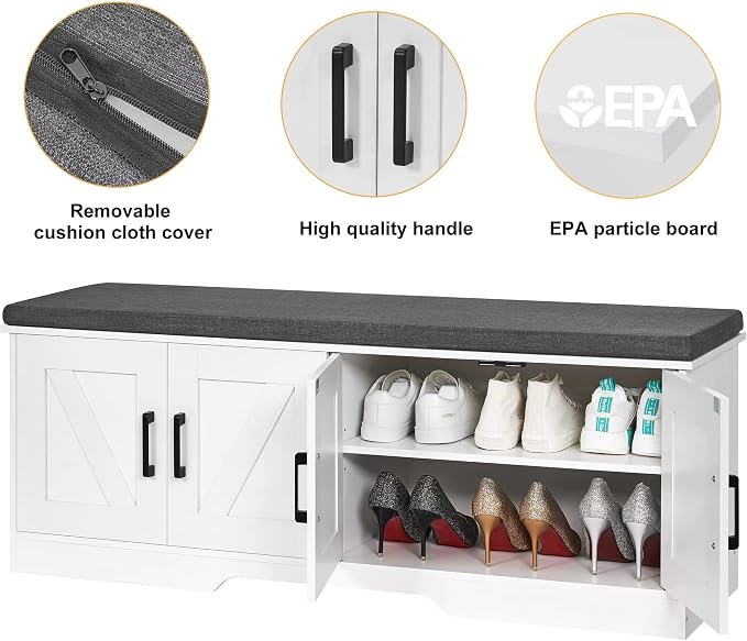 HOMSHO Farmhouse Shoe Storage Bench with 4 Barn Doors & Padded Seat Cushion | 47.2" Wide Entryway Bench with Adjustable Shelves & Hidden Storage, White