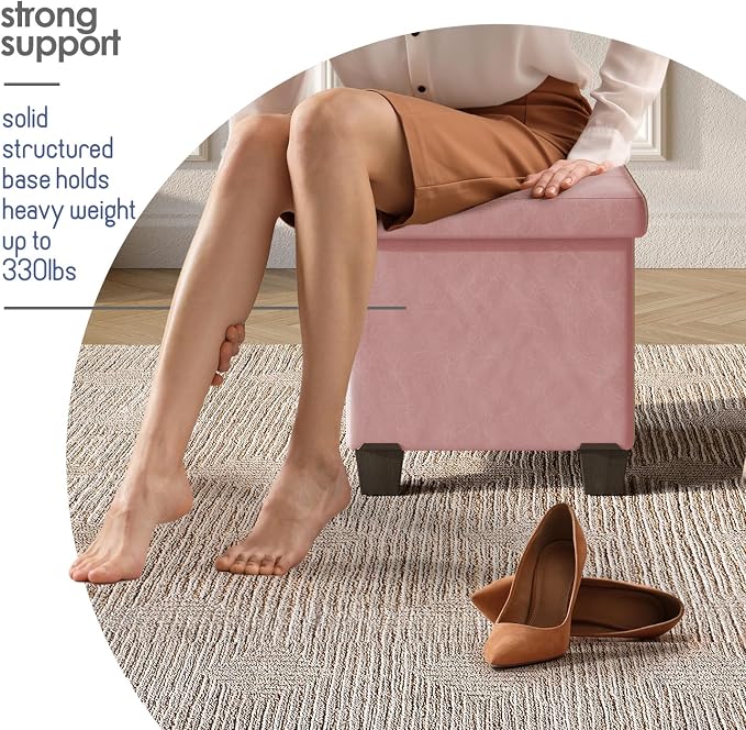 Storage Ottoman Cube with Small Bin, 15-in Square Ottoman with Storage for Living Room and Bedroom, Small Ottomans Foot Rest, Leather Foot Stools Ottomans Max 330lbs, Pink