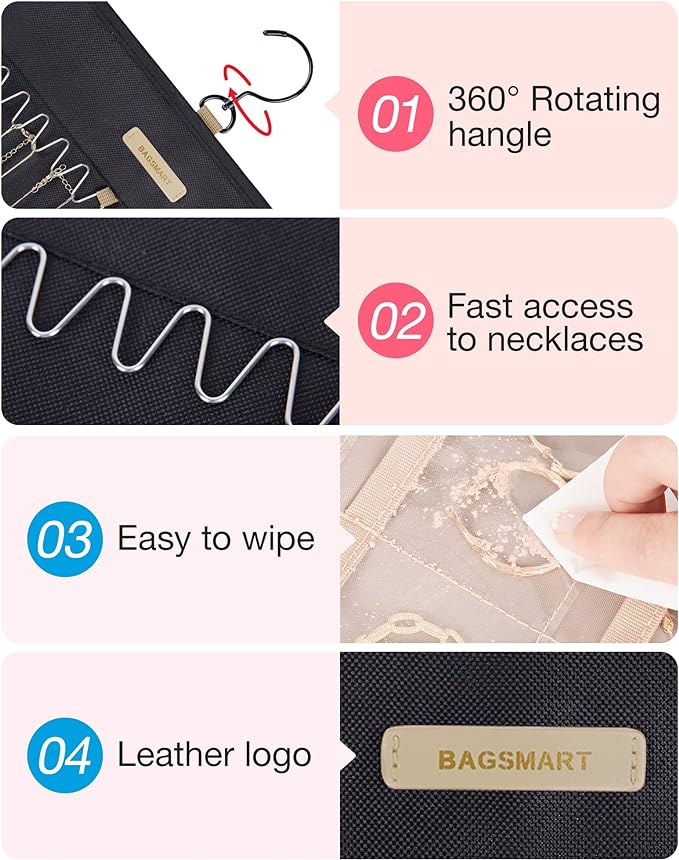 BAGSMART Hanging Jewelry Organizer Necklace/Earring/Ring 2-Sided XL Black | Jewelry Storage with Hanger Metal Hooks Double-Sided Jewelry Holder on Closet, Wall, Door