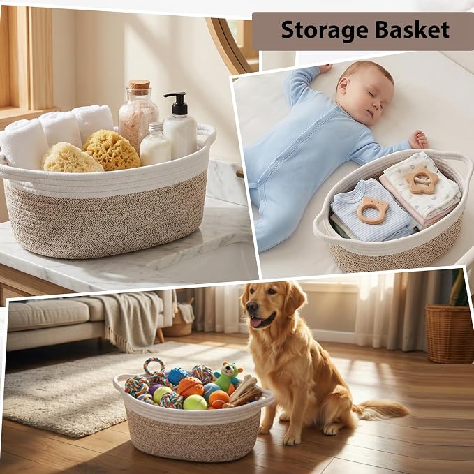 woric Small Woven Storage Basket Dog Toy Baskets for Gifts Empty | Cotton Rope Basket with Handle Graduation Decorative Baskets (Brown 12"X 8" X 5" with Gift Bag Card Ribbon Tissue Paper)