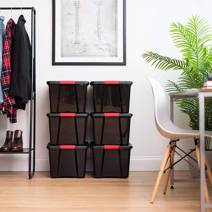 IRIS USA 6-Pack 40 Quart Storage Bins with Lids, Black | Black finish conceals stored items. Perfect for moving, blankets, clothing, and garage storage. Nestable design saves space