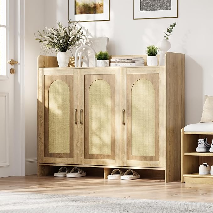 Garvee Shoe Cabinet Storage for Entryway, Rattan Shoe Rack with 3 Doors | Farmhouse Boho Wood Shoe Organizer Cabinet for Entrance Hallway Living Room Foyer