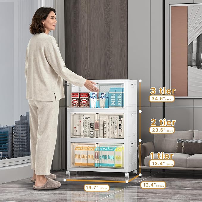 UAMFURI Stackable Storage Bins with Lid, 156QT Plastic Cabinet with Wheels | Large Capacity, Magnetic Door, Stack Lock, Rolling Wheels, Foldable Design, Organizers and Storage for Bedroom Dorm Garage