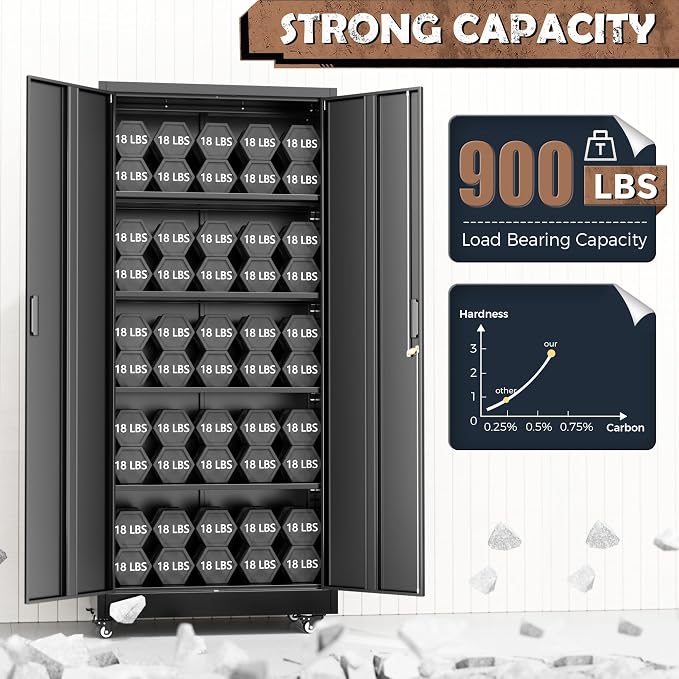 INTERGREAT Metal Storage Cabinet with Wheels, 73" Rolling Storage Cabinets with Door and 4 Shelves, Tall Storage Cabinets Locker on Caster for Home, Office, Black