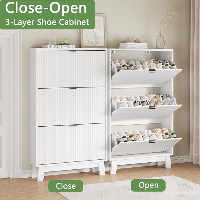 Xixini Shoe Cabinet with 3 Flip Drawers, 54" Tall Narrow Fluted Shoe Storage Organizer for Entryway, Hidden Slim Wooden Shoe Rack Cabinet for Front Door Entrance, Hallway, Living Room, Solid White