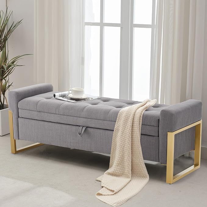 adochr 57" Storage Ottoman Bench, Upholstered End of Bed Bench, Light Grey | Metal Legs & Button-Tufted, Linen Ottoman with Storage 500 lb Capacity for Living Room, Bedroom, Entryway