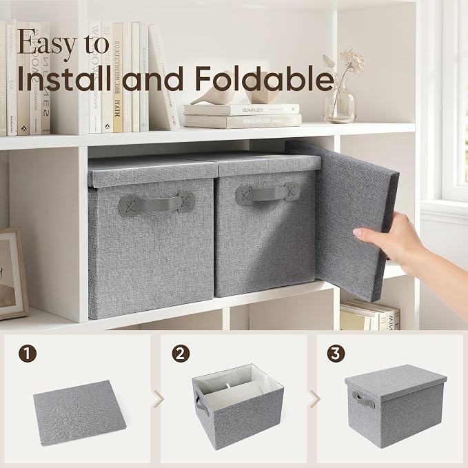 Fabric Storage Bins with Lids, Heavy Duty Collapsible Organizer Bins for Shelves, Stackable Closet Woven Baskets with Handles, 25L Rectangle Boxes for Bedroom Office, Cube Home Decor (Gray 2 Pack)
