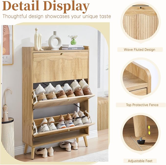 BERRYMERRY 51.2" Tall Shoe Storage Cabinet with 3 Flip Drawers for Entryway | narrow,entryway,adjustable feet,24 pairs shoe,shoe organize,hidden shoe rack,fluted panel,wave pattern,wood,space saving