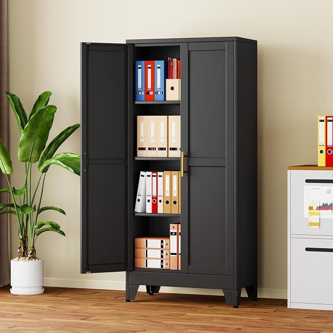 61" Black Metal Storage Cabinet with 2 Doors and 3 Adjustable Shelves,Steel Garage Tool Cabinet, File Cabinet,Kitchen Pantry Cabinet for Home,Office,Garage,School,Warehouse