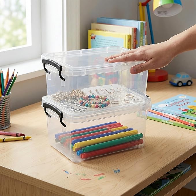 2 Pack 2 QT Plastic Storage Bins with Lids | Clear Stackable Bins with Secure Latches and Handles Heavy-Duty Storage Containers For Home Office and Garage Organization