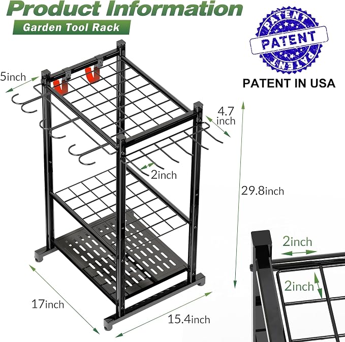 Sttoraboks Garden Tool Organizer Rack Up to 50 Tools, Heavy-Duty Steel Yard Tool Organizer for Garage Storage with 11 Hooks, Broom Holder & Garden Tool Rack for Shed, Patio, Outdoor Use, Black
