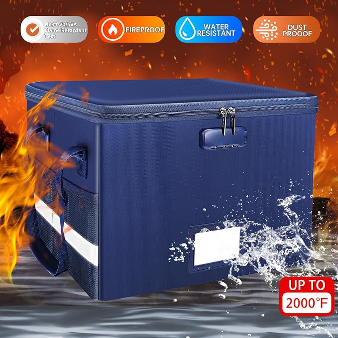 ENGPOW File Box with Lock, Fireproof Document Box with Pockets, Collapsible File Organizer Filing Storage Cabinet with Handle, Portable Home Office Safe for Hanging Letter/Legal Folders, Blue, 2 Pack