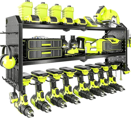 Power Tool Organizer，Large 8 Drill Holder Wall Mount ，Heavy Duty Metal Tool Shelf with 12 Hooks，Storage Rack for Garage Organization，Utility Cordless Drill Holder and Battery Shelves