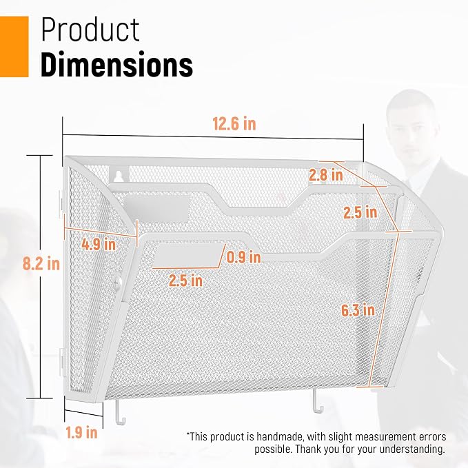 Docnest 3 Pack 2 Tier Mesh Wall File Holders with Hooks for Mail, White | Space-saving vertical design with utility hooks. Ideal paper document organizer for office, home, and school