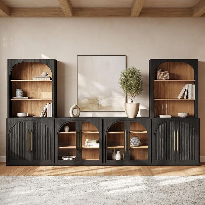 BELLEZE 6-Piece Modular TV Stand Set - 2 Arched Glass Cabinets, 2 Double-Arc Wood Door Bases, and 2 Hutch Units, Classic Modern Entertainment Center with Adjustable Shelves for Living Room(Ebony)