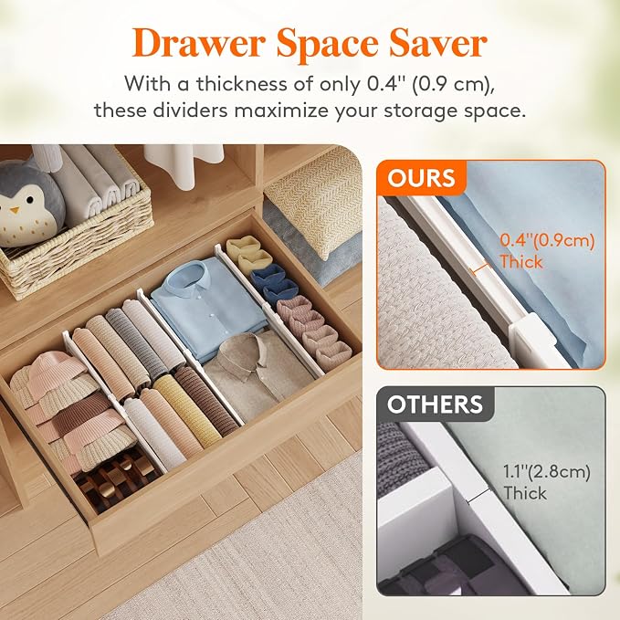 Lifewit 9 Pack Drawer Dividers for Clothes, 4" High 13.8"-22.2" Expandable Dresser Drawer Organizers, Adjustable White Plastic Separators for Kitchen, Cabinet, Nursery, Socks & Underwear Storage