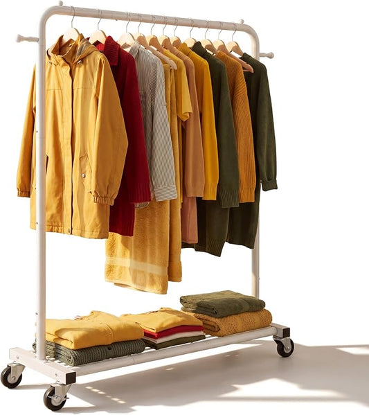 Sywhitta Metal Clothing Rack on Wheels with Mesh Shelf, for Clothes,White | Rolling Garment Rack for Hanging Clothes, Coats, Skirts, 39.76" L x 16" W x 63.78" H,Space-Saving Mobile Organizer for Closet