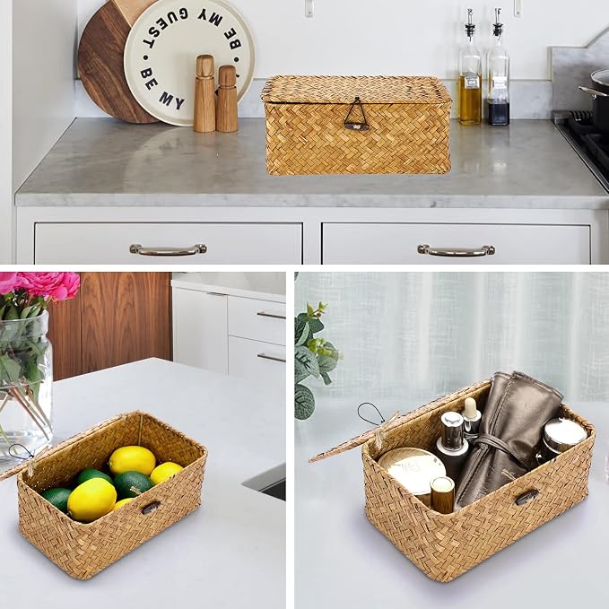 Hipiwe Wicker Shelf Baskets Bin with Lid X-Small Handwoven Basket for Shelf | Natural Seagrass Storage Box, Rectangular Household Basket Boxes for Wardrobe Home Organizer, Caramel