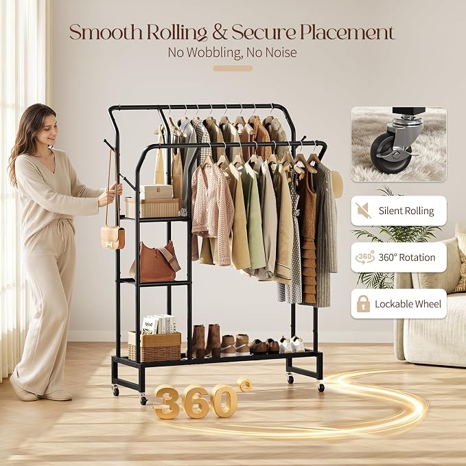 Yoobure Double Rods Clothes Rack - Portable Clothing Rack with Wheels, Rolling Garment Rack with 3-Tier Shelves & 4 Hooks, Freestanding Clothing Racks for Hanging clothes, Coat Rack for Closet Bedroom