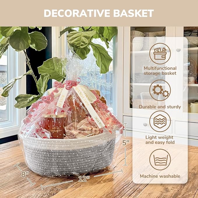 CHICVITA Small Rope Gift Basket Empty with Bags & Ribbon to Fill, Grey | 12"x 8"x 5" Woven Gift Basket Empty to Fill for Holiday, Rope Baskets for Organizing, Birthday Basket, Dog Toy Basket