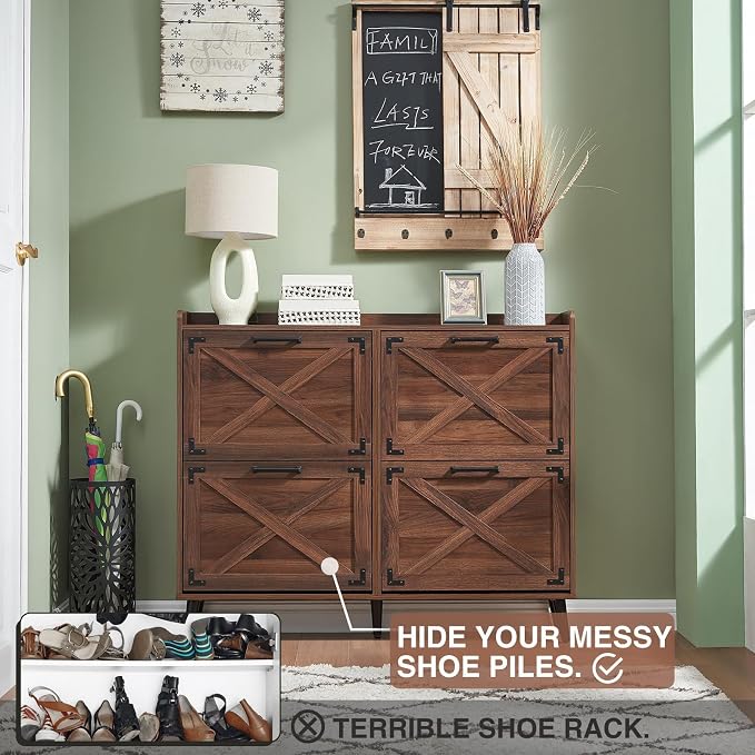 Barnyatoh Farmhouse Shoe Storage Cabinet,Shoe Organizer with 4 Flip Drawers | Freestanding Hidden Slim Narrow Shoe Rack Cabinet,Barn Door Design, Wood Shoes Organizer for Entryway,Foyer,Hallway,Walnut