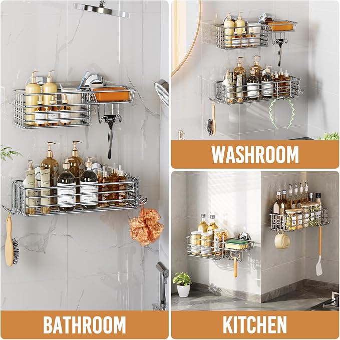 LEVERLOC Shower Caddy Suction Cup, 2 Pack Heavy Duty Bathroom Organizer | Shower Caddy with Hooks & Soap holder, Removable Shower Storage, Rustproof Silver bathroom Holder
