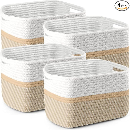 4 Pack Storage Baskets for Organizing, 11''Lx9''Wx8''H Woven Baskets for Storage Toys, Towels, Books, and Clothes, Cotton Rope Basket for Shelves with Handle
