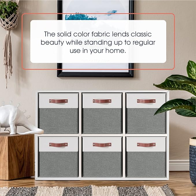 Ornavo Home 11x11 Foldable Fabric Storage Cube Bins, 6 Pack, White/Gray | Collapsible Linen Shelf Basket Organizer; Leather Handles; Ideal Cube Storage For Closet