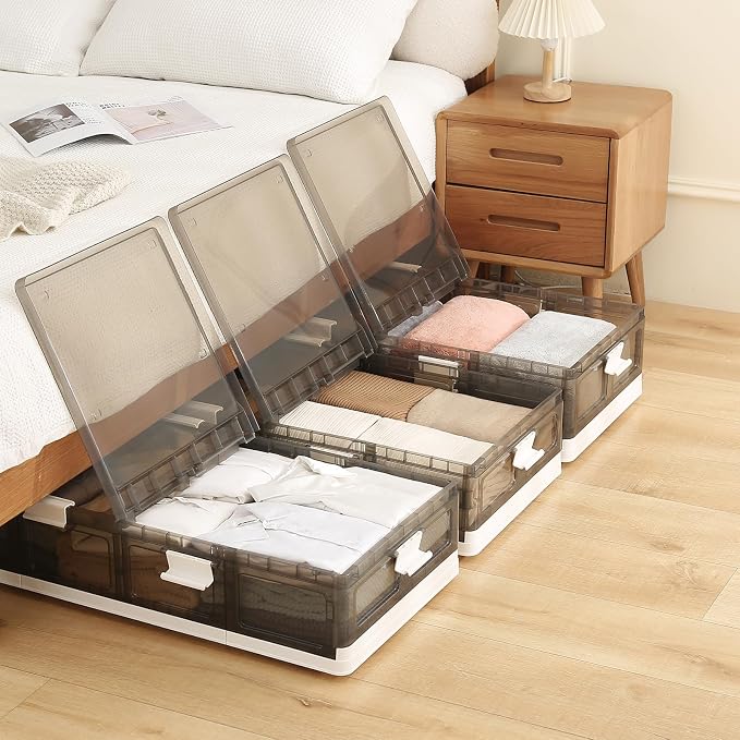 Under Bed Storage Containers with Wheels - Stackable, Foldable Plastic Storage Boxes with Lids for Clothes, Shoes, Blankets - Perfect for Bedroom Organization and Dorms (1 Pack-32.9''x16.1''x8.1'')