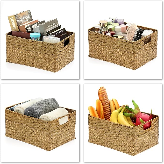 Hipiwe Seagrass Storage Basket Bin Rectangular Handwoven Wicker Storage Box with Handle Opened Baskets Box for Shelf Organizing Closet Bathroom, Caramel, Medium