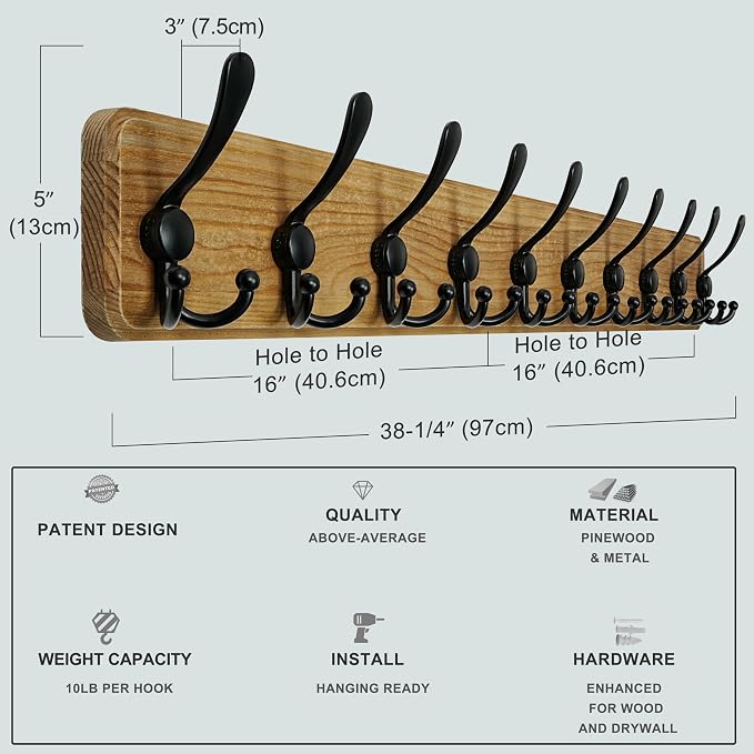 Coat Rack Wall - Heavy-Duty 38-1/4" Long, with Reinforced 10 Custom Tri-Hooks, Solid Wood Wall Hanger for Coats Hat Jackets - Rustic Farmhouse Entryway Storage,Weathered Brown & Black,Pack of 2