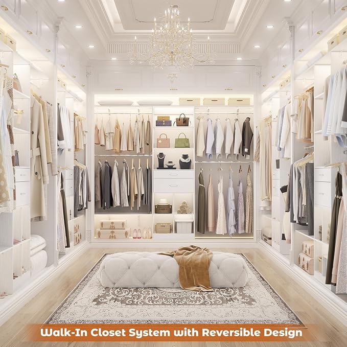 Besiost Closet System - 8FT Closet Organizer System with Wooden Drawers, 96" Closet Systems for Walk-In Closets with Cuttable Hanging Shelving, White
