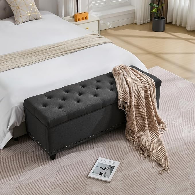 Tbfit 50.8" Ottoman With Storage, Storage Bench with Button-Tufted, End of Bed Storage Bench Safety Hinge with Rivets, Large Storage Ottoman Bench for Bedroom, Living Room, Foot of Bed, Entryway(Grey)